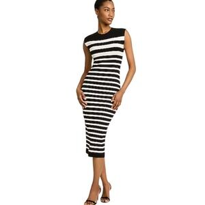 Express Womens Crew Neck Striped Cap Sleeve Midi Sweater Dress Black Cream XL